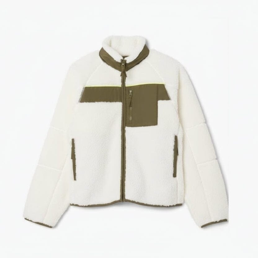 Colour-Block Sherpa Fleece Jacke Vahler Weiß / Khakigrün S 
