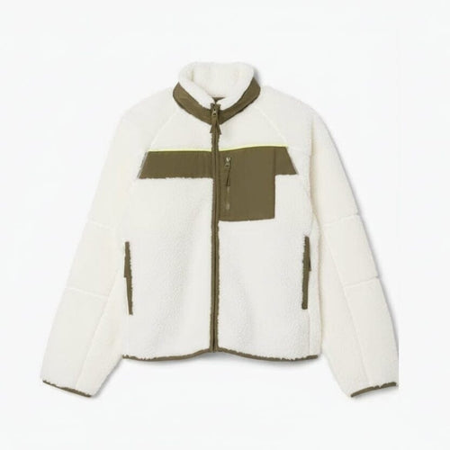 Colour-Block Sherpa Fleece Jacke Vahler Weiß / Khakigrün S 