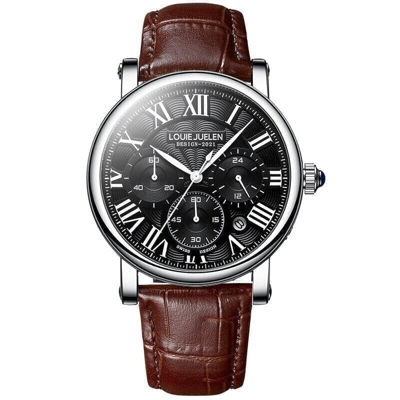 Executive Klassik Herrenuhr Vahler Silber mit schwarzem Lederhintergrund 