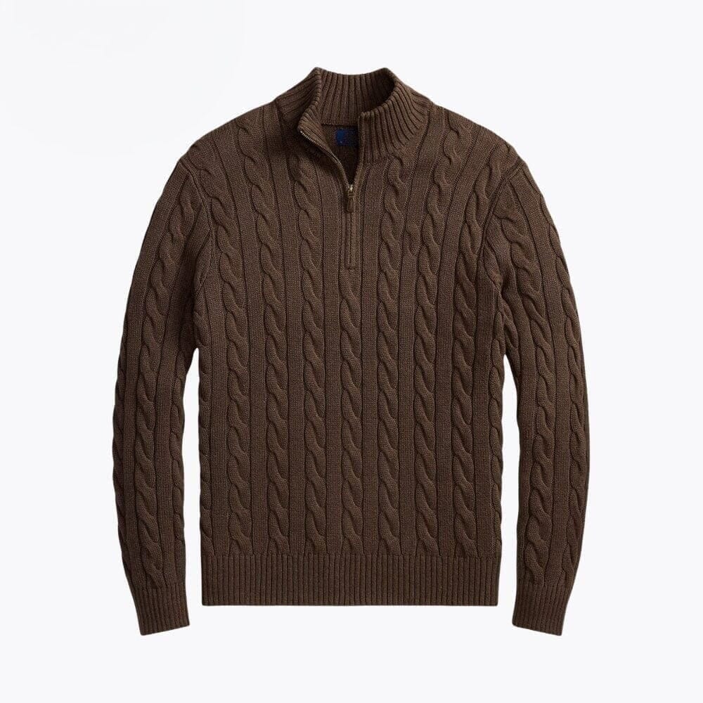 Grobstrick Baumwoll-Pullover Mit Zopfmuster Und Viertel-Reißverschluss Vahler Braun S 