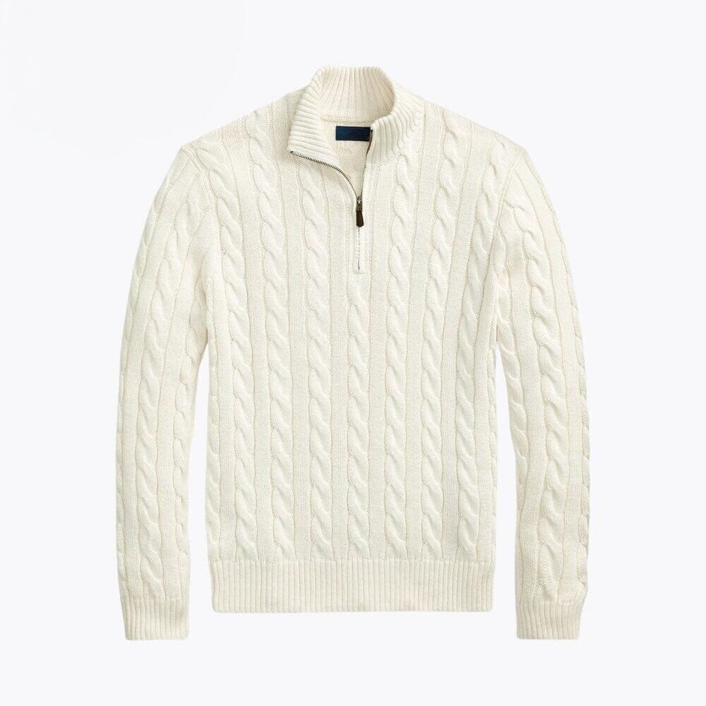Grobstrick Baumwoll-Pullover Mit Zopfmuster Und Viertel-Reißverschluss Vahler Creme S 