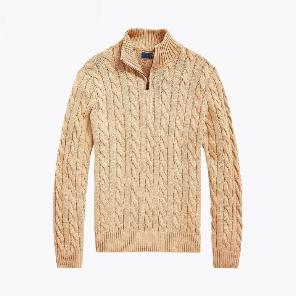 Grobstrick Baumwoll-Pullover Mit Zopfmuster Und Viertel-Reißverschluss Vahler Kamel S 