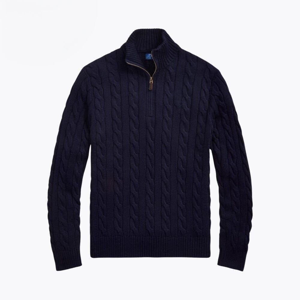 Grobstrick Baumwoll-Pullover Mit Zopfmuster Und Viertel-Reißverschluss Vahler Marineblau S 