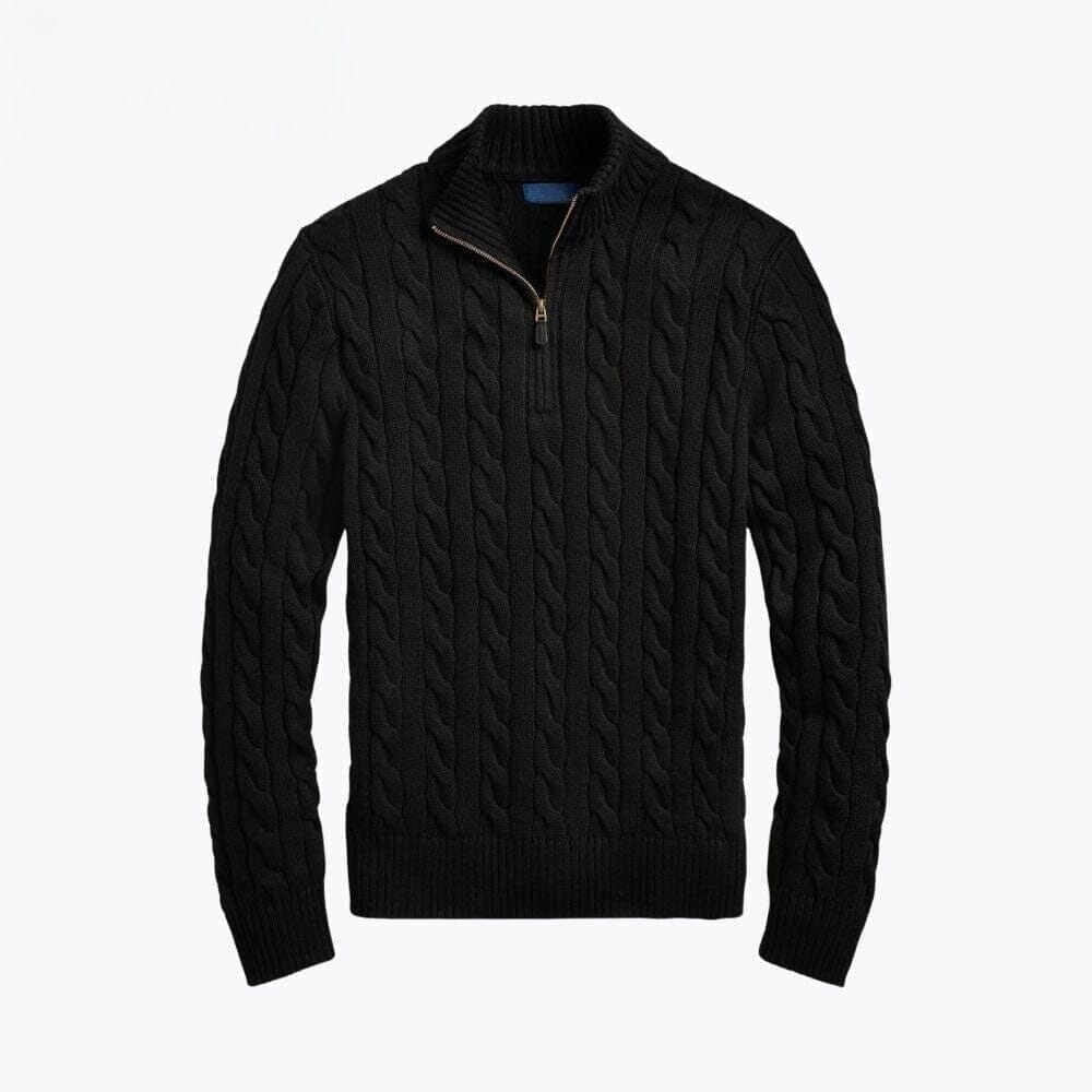 Grobstrick Baumwoll-Pullover Mit Zopfmuster Und Viertel-Reißverschluss Vahler Schwarz S 