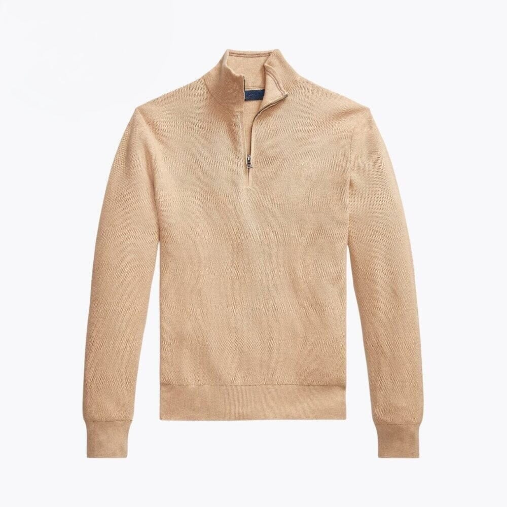 Mesh-Strick Baumwoll-Pullover Mit Viertel-Reißverschluss Vahler Kamel S 
