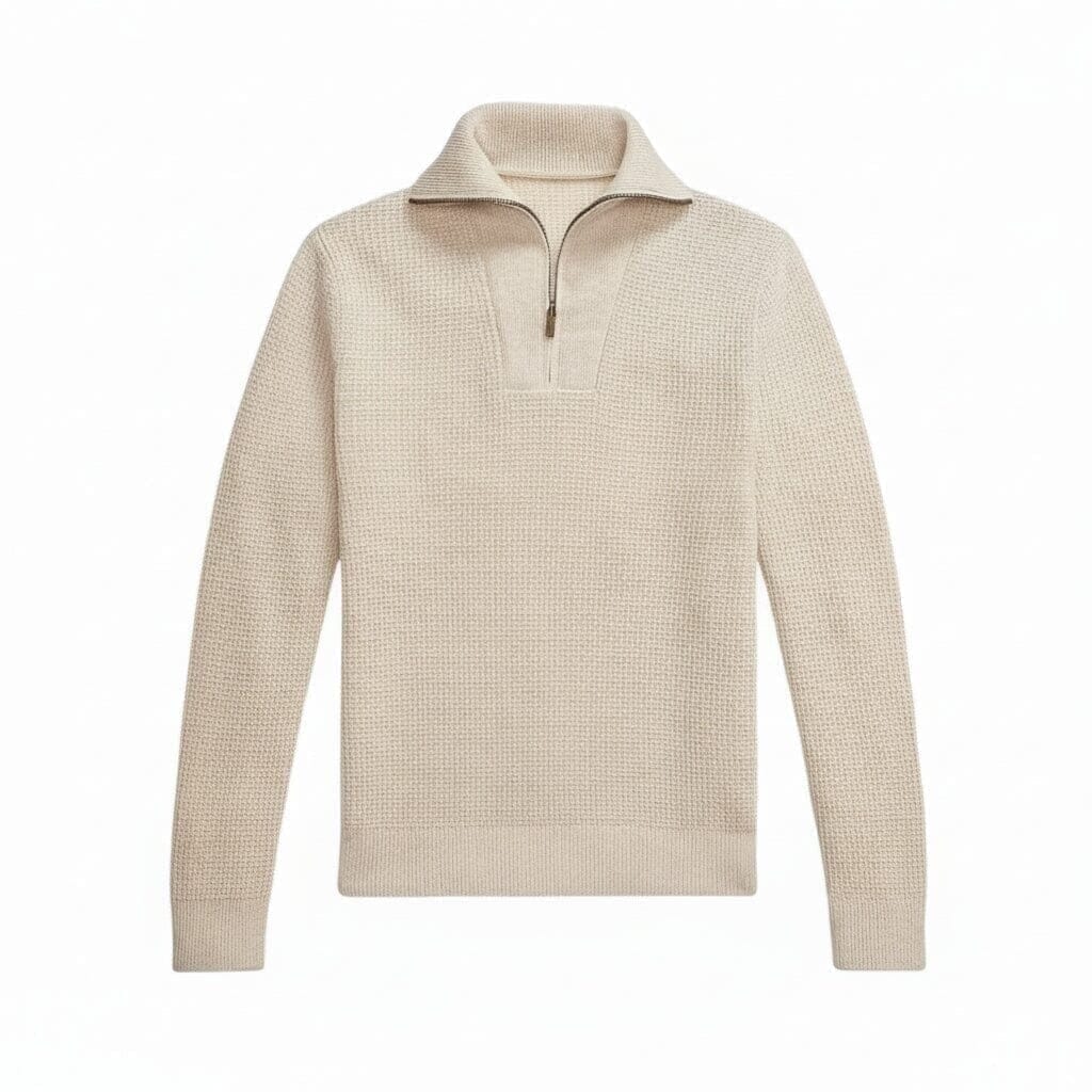 Waffelstrick Wolle-Baumwolle Pullover Mit Viertelreißverschluss Vahler Creme S 