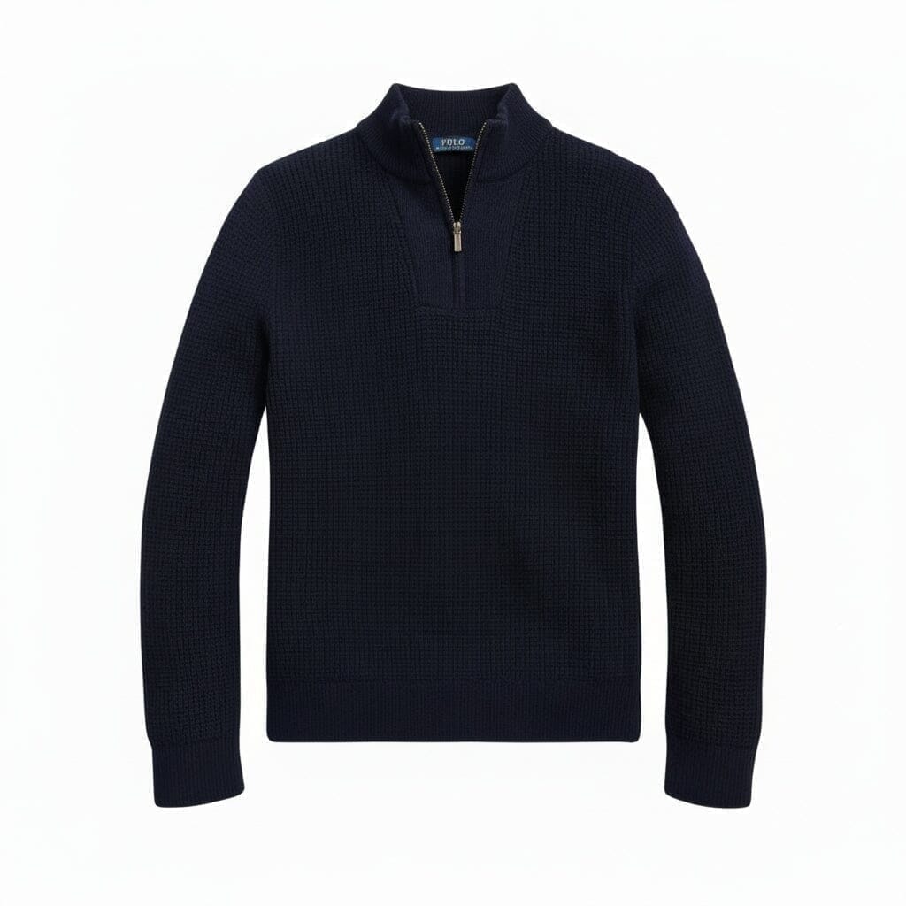 Waffelstrick Wolle-Baumwolle Pullover Mit Viertelreißverschluss Vahler Marineblau S 